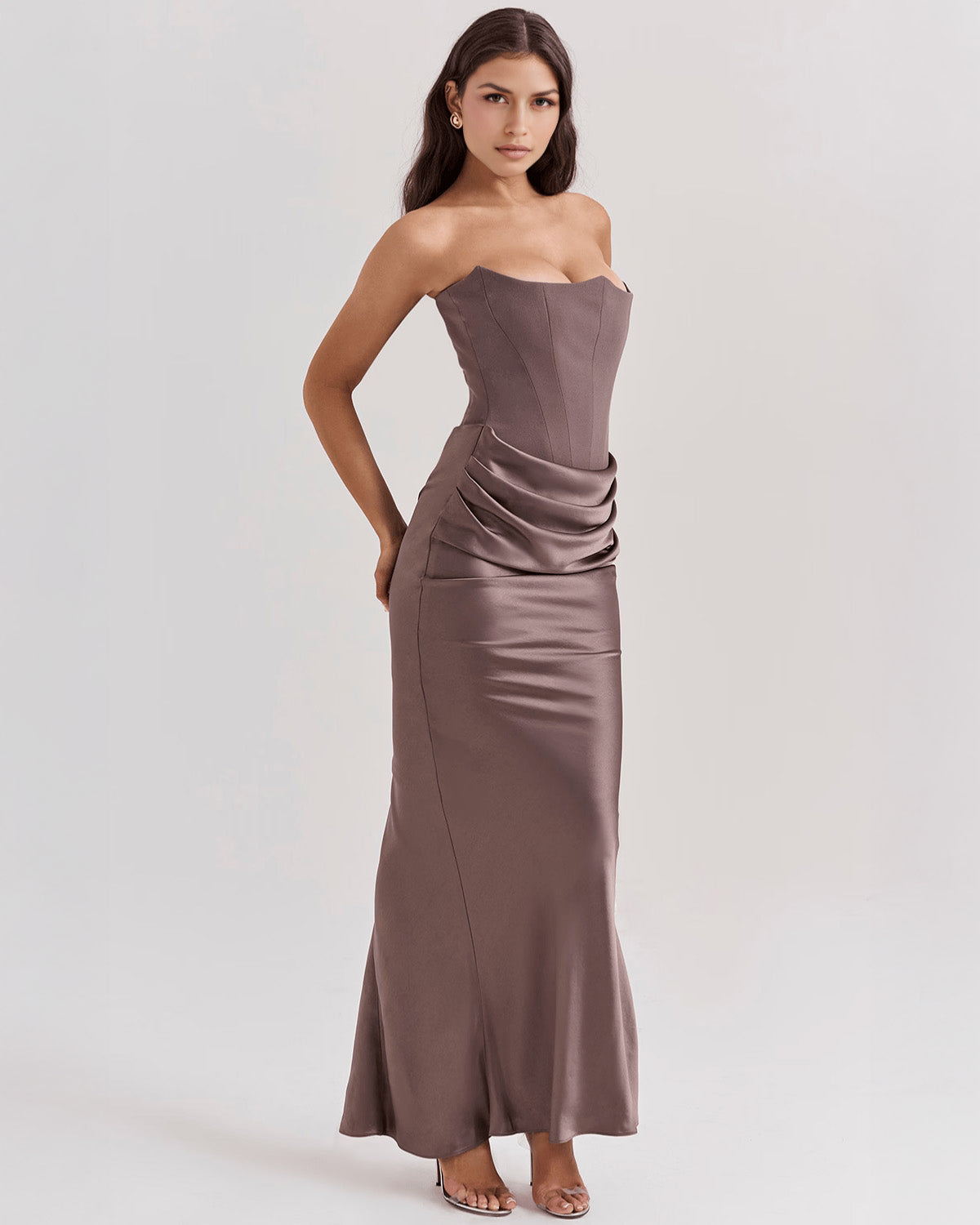 Strapless Pointed Sweetheart Corset Bodice Draped Hip Column Maxi Gown