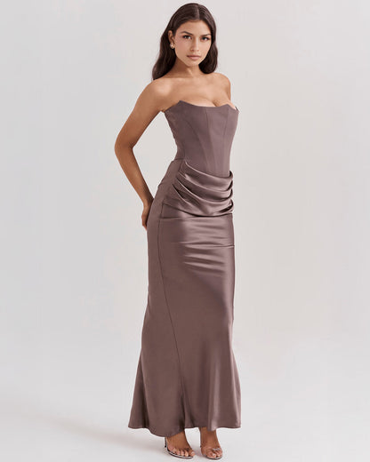 Strapless Pointed Sweetheart Corset Bodice Draped Hip Column Maxi Gown