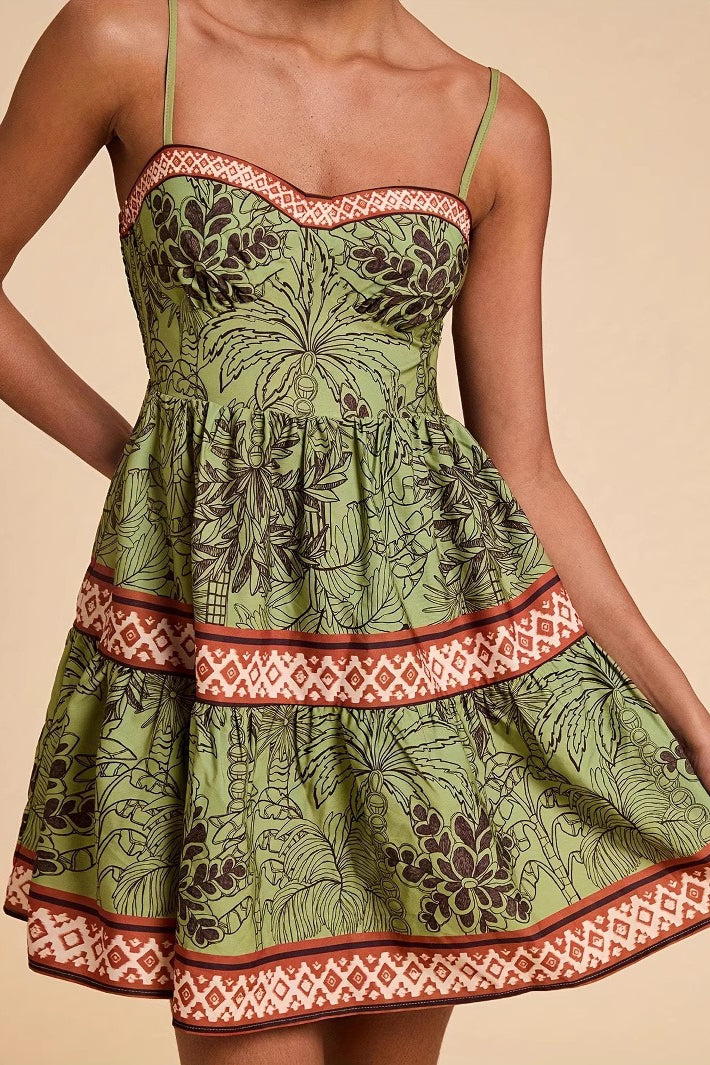 Tropical Palm Tiered Sweetheart Spaghetti Strap Border Print Mini Dress