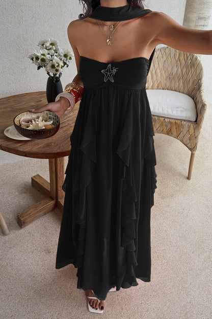 Strapless Ruched Starfish Brooch Cascading Vertical Ruffle Chiffon Maxi Dress