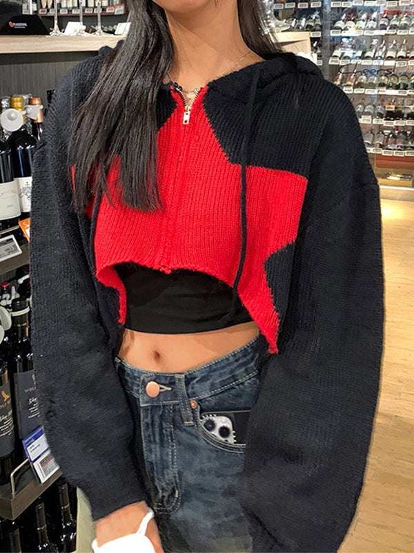 Contrast Color Star Hooded Crop Cardigan