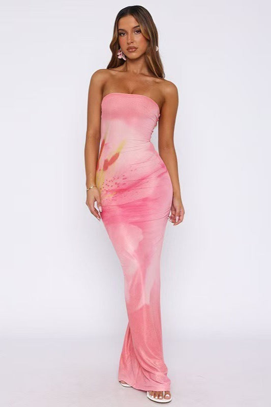 Strapless Oversized Floral Print Bodycon Floor Length Maxi Dress