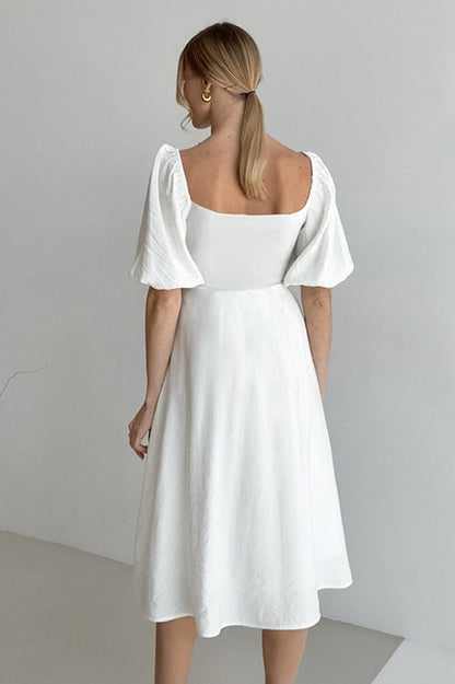 Off-Shoulder Sweetheart Twist Keyhole Puff Sleeve Midi Dress