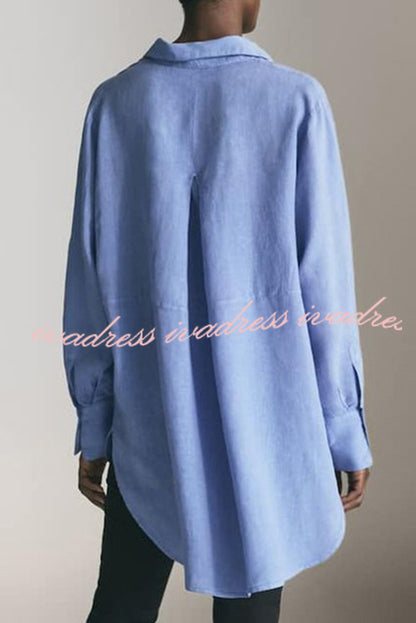 Reality Calling Linen Blend Solid Button Long Sleeve Loose Blouse