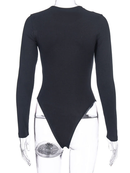 Bodysuit Light Apricot Long Sleeves Piping Stretch Notched Neckline Sexy Cotton Top For Women