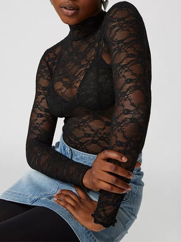 All Over Lace Mock Neck Long Sleeve Tee