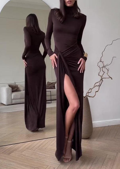 Mock Neck Long Sleeve Ruched Draped Panel Bodycon Maxi Dress
