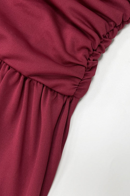 Strapless Ruched Bodice Dropped Waist Flowy Maxi Dress