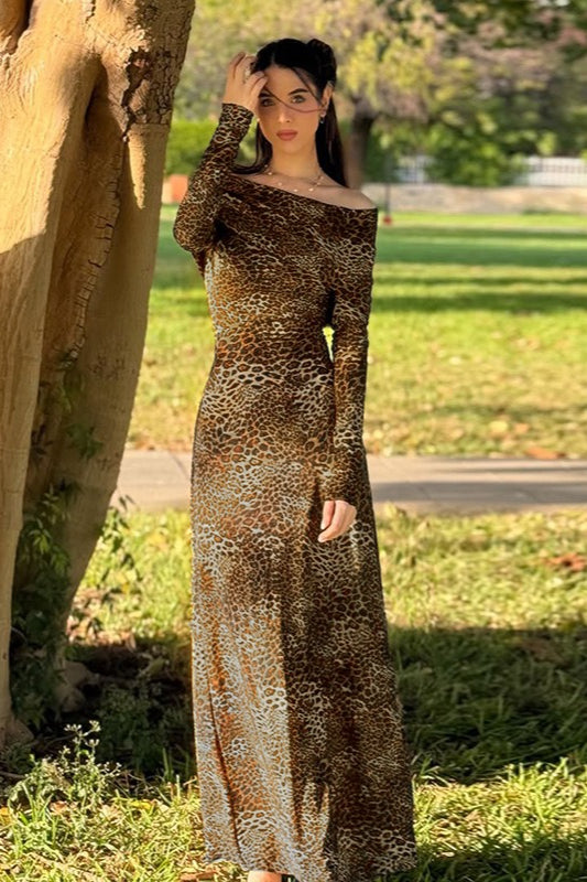 Off Shoulder Long Sleeve Print Bodycon Maxi Dress