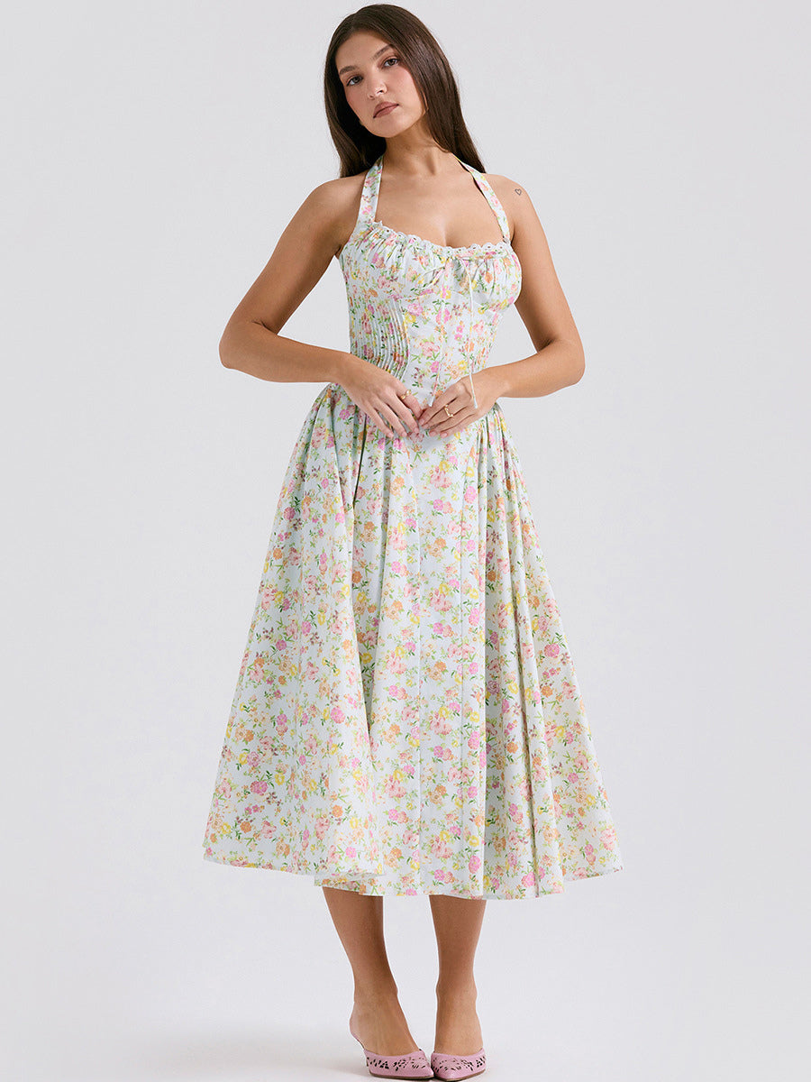 Corset Dress Floral Halter Lace Up Front Pleated Eyelet Trim Party Midi Dresses