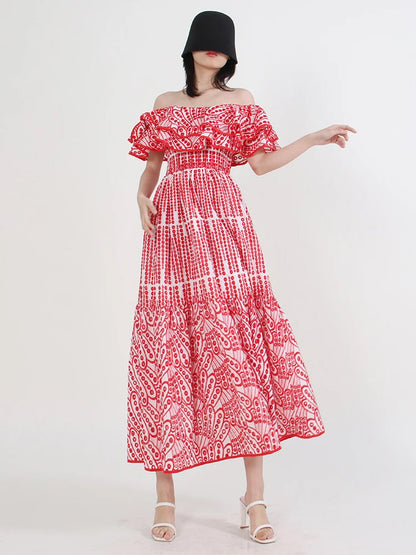 Boho Dress Lace Strapless Bateau Neck Layered Casual Summer Midi Dresses