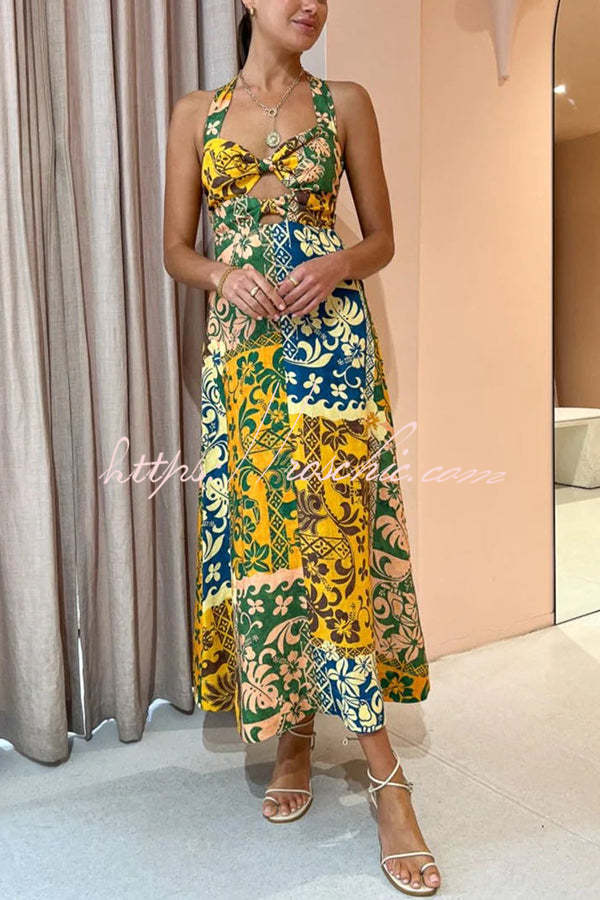Colorful Dating Linen Blend Printed Cutout Back Smocked Halter Midi Dress