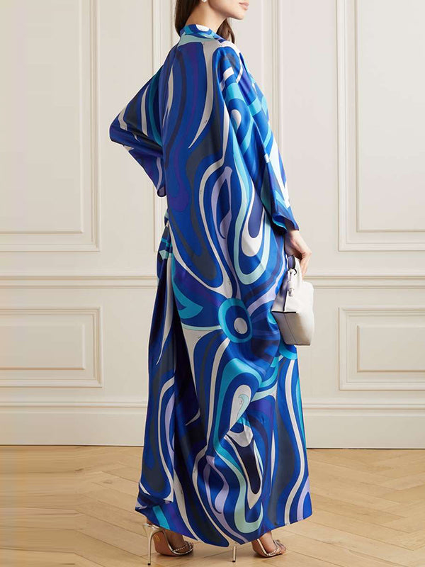 Batwing Sleeves Loose Printed Split-Joint Stand Collar Maxi Dresses