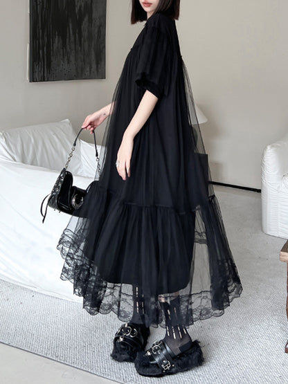 Fake Two-Piece Loose Gauze Pleated Solid Color Split-Joint Tiered Round-Neck Midi Dresses