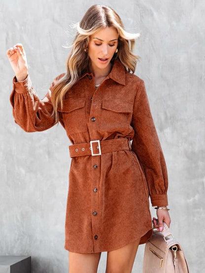 Corduroy Shirt Dresses Solid Color Belted Daily Fall Spring Mini Dress