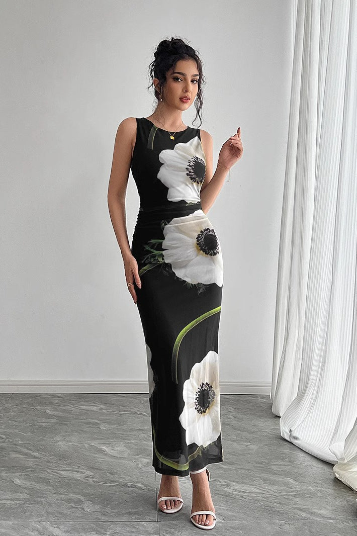Oversized Floral Print Sleeveless Crew Neck Bodycon Maxi Dress