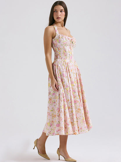 Corset Dress Floral Halter Lace Up Front Pleated Eyelet Trim Party Midi Dresses