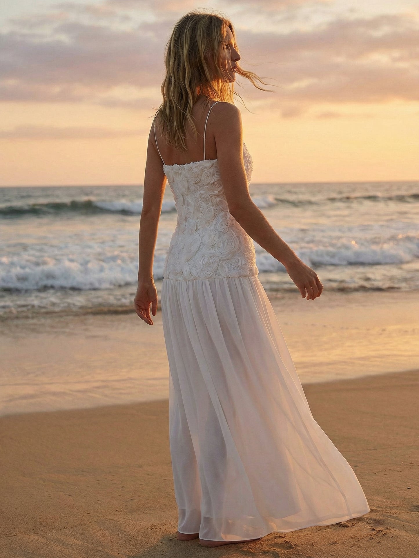 3D Floral Cami Maxi Dress for Women - Boho Rosette Bodice Flowy Spaghetti Strap Gown - Summer Beach Resort 2026