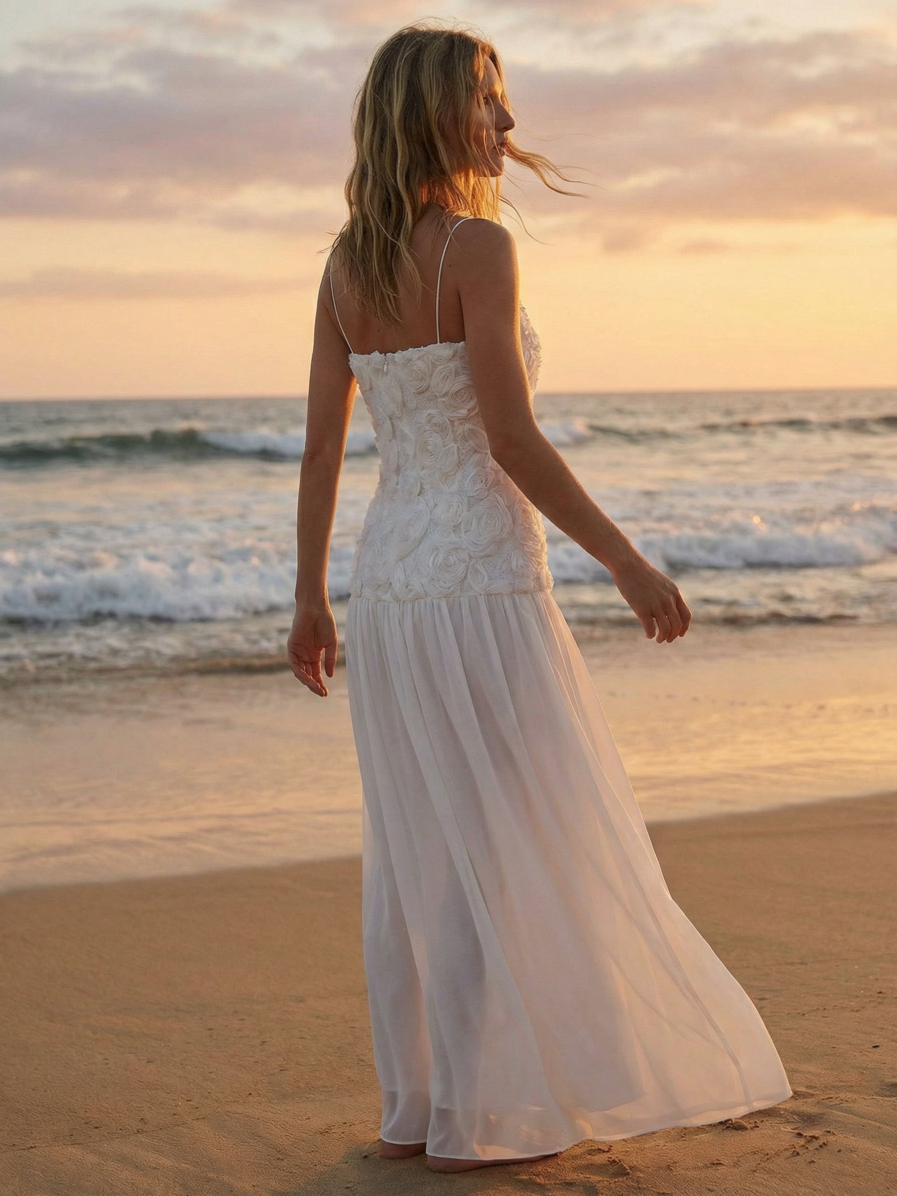 3D Floral Cami Maxi Dress for Women - Boho Rosette Bodice Flowy Spaghetti Strap Gown - Summer Beach Resort 2026