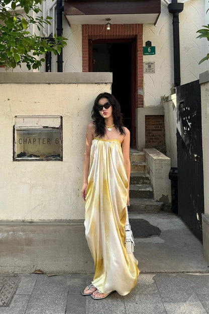 French Chic Tie-Dye Maxi Dress – Elegant Ruched Slip Dress for Summer Beach Getaway