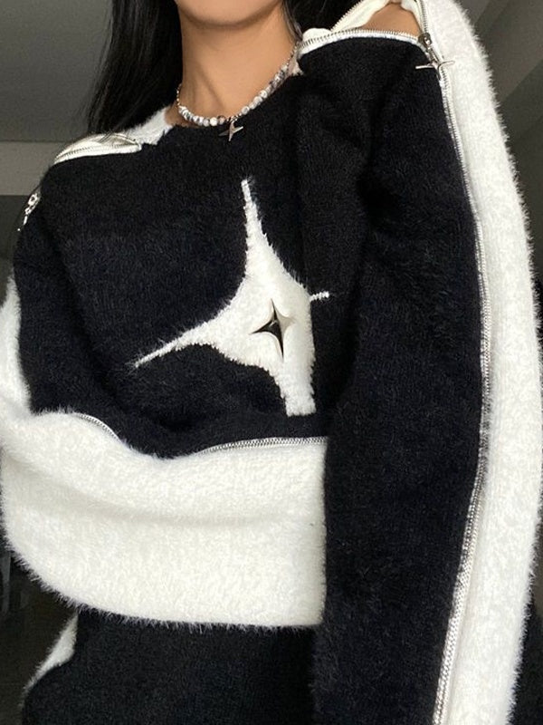 Star Decor Zipper Cutout Loose Sweater