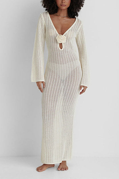 V Neck Long Sleeves Backless Crochet Hollow Out Knit Maxi Dress
