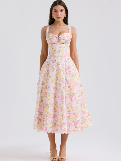 Corset Dress Floral Wide Strap Backless Trendy Brunch Party Midi Dresses