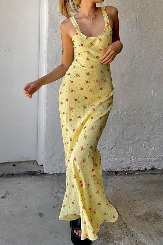 | Casual U Neck Floral Print Ruched Maxi Dress