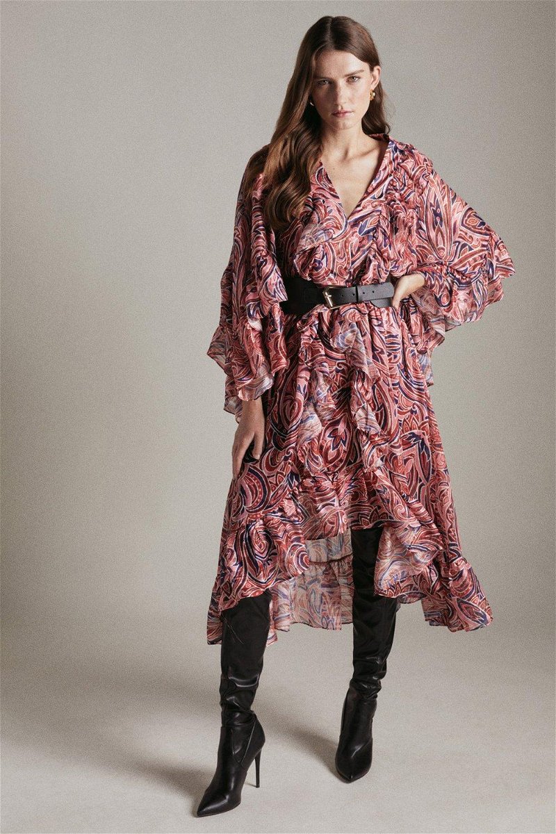Abstract Print V-Neck Frill Midi Dress
