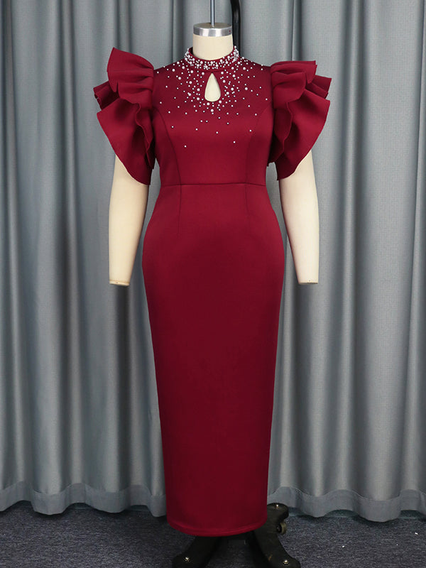 Solid Color Tied Waist Beaded High-Waisted  Bodycon Midi Dresses