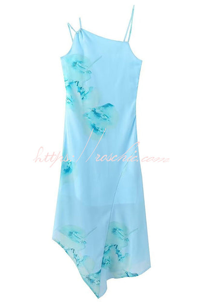 Floral Print Irregular Hem Open Back Strap Maxi Dress