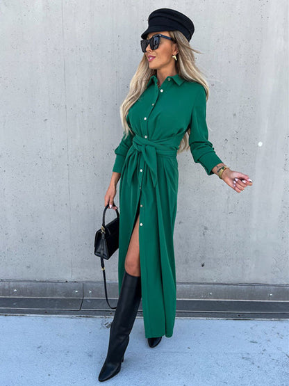 Shirt Dresses Turndown Collar Buttons Solid Color Midi Dress
