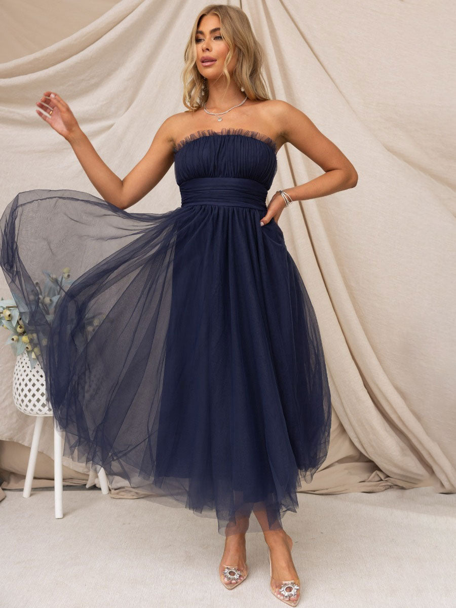 Tulle Dresses Strapless Pleated Off The Shoulder Layered Prom Midi Dress