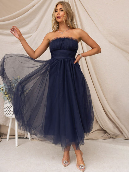 Tulle Dresses Strapless Pleated Off The Shoulder Layered Prom Midi Dress