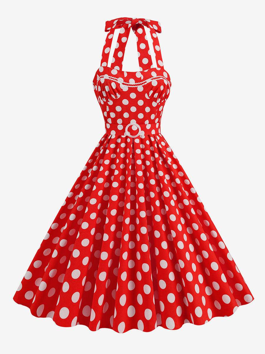 Dress Dot Halter Belted Ring Detail Retro Midi Dress