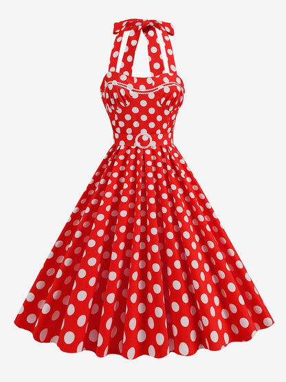 Dress Dot Halter Belted Ring Detail Retro Midi Dress