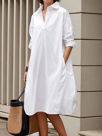 Long Sleeves Loose Pleated Solid Color Split-Joint Lapel Midi Dresses Shirt Dress