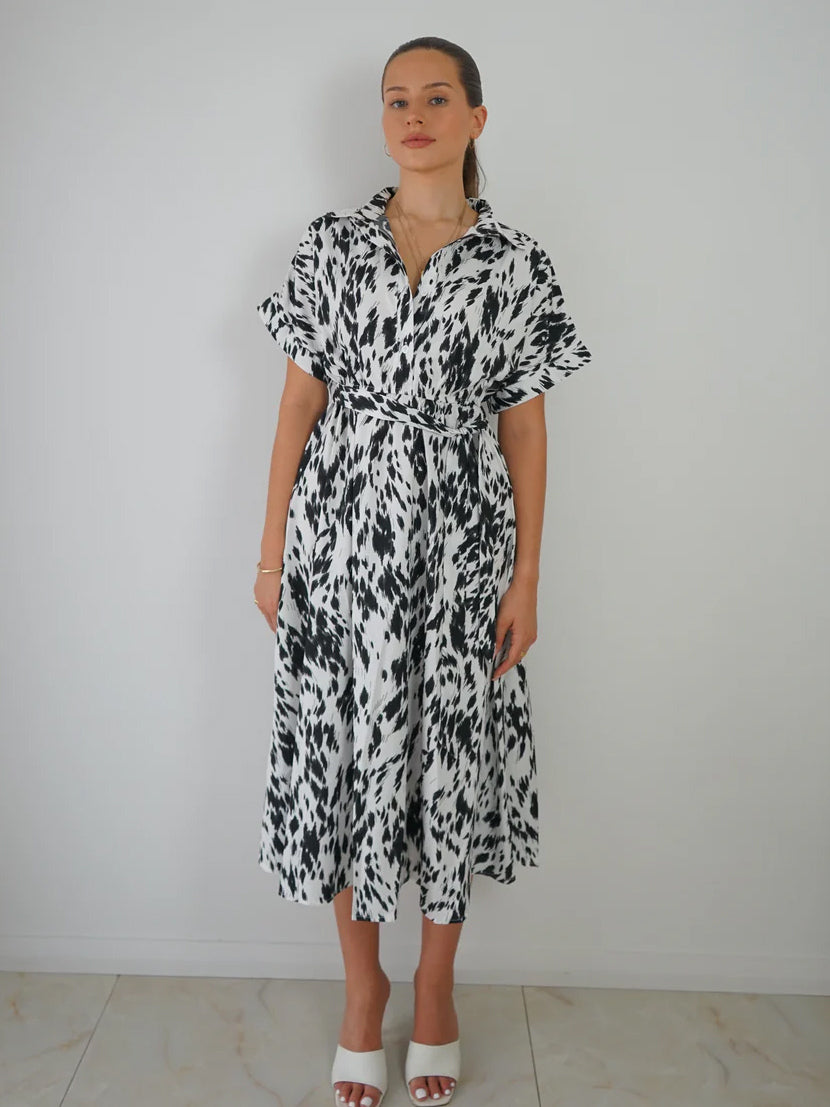 Shirt Dresses Two-Tone Short Sleeves Belted Busniess Casual Midi Dresses