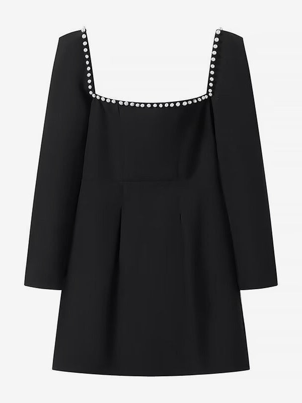 Black Mini Dress Sqaure Neck Long Sleeves Contrast Trim Graduation Dresses
