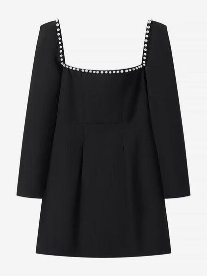 Black Mini Dress Sqaure Neck Long Sleeves Contrast Trim Graduation Dresses
