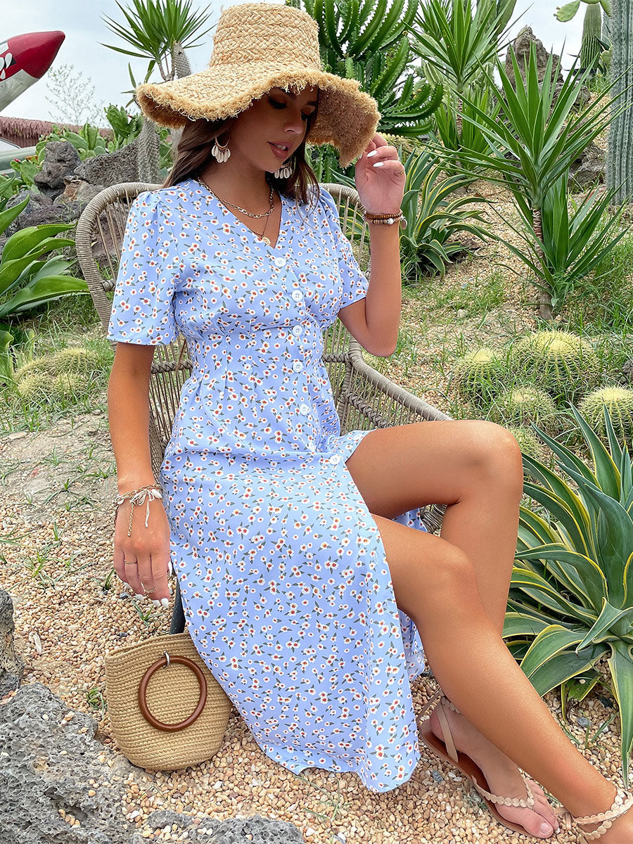 Floral Print Classic V-Neck Midi Dress