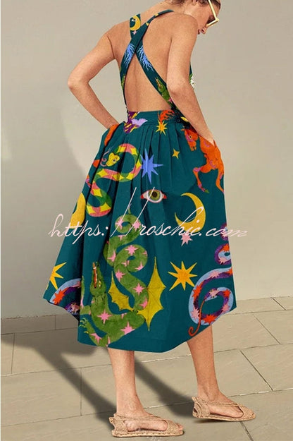 Fresh Summer Crossover Backless Pocketed Loose Midi Dress