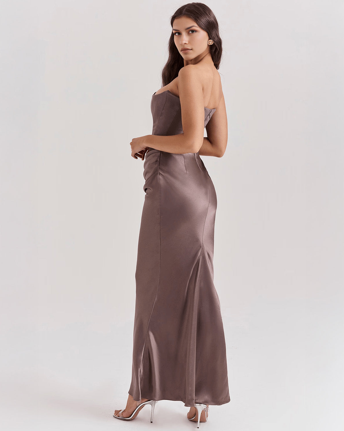 Strapless Pointed Sweetheart Corset Bodice Draped Hip Column Maxi Gown