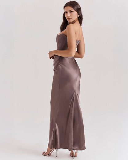 Strapless Pointed Sweetheart Corset Bodice Draped Hip Column Maxi Gown