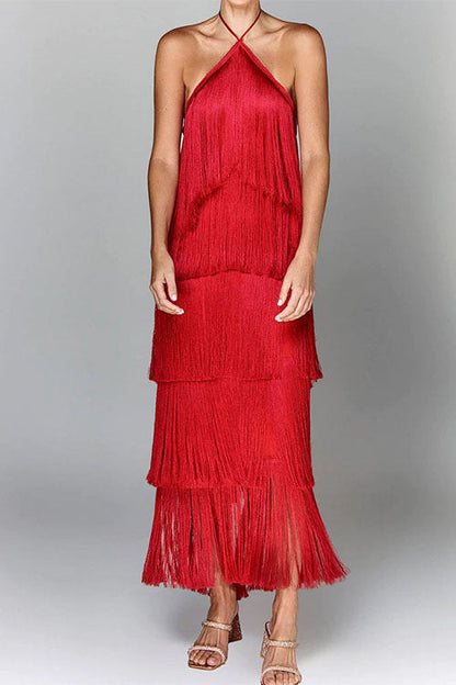 Margovil Chicest Halter Ruffle Layered Fringe Maxi Party Dress