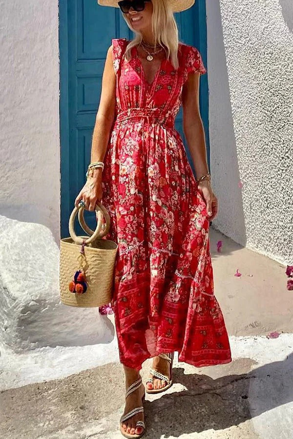 Boho Print V-Neck Ruffle Cap Sleeve Elastic Waist Tiered Maxi Dress