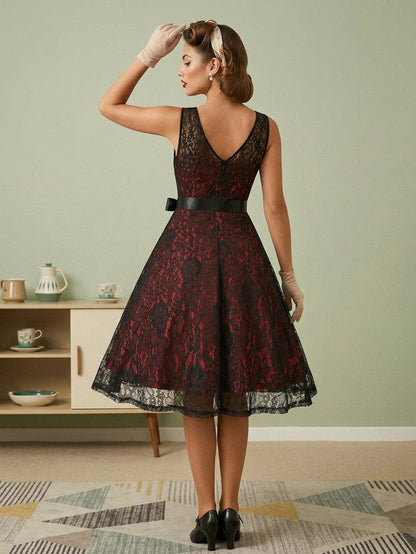 Retro Dress Green 1950s Style Two-Tone Sash Sleeveless V-Neck Medium Rockabilly Dress