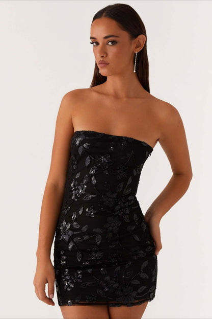 Strapless Floral Embroidered Sequin Mesh Ruched Bodycon Mini Dress