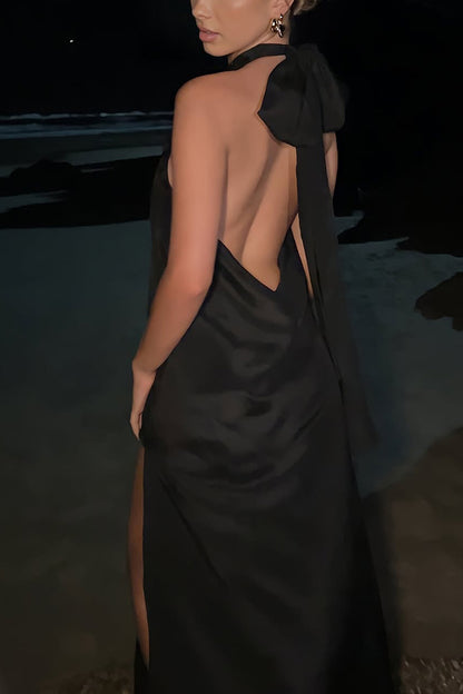 Floral Embellished Satin Halterneck Backless Resort Maxi Dress