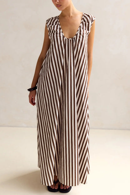 Striped Polka Dot Print Loose Sleeveless Casual Vacation Maxi Dress